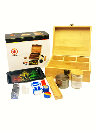 Large Wooden Box + Metal Tray, Metal Grinder, Pipe, Glass Jar, Silicone Stash, Mouthpiece & Roller (ENN-1100A)
