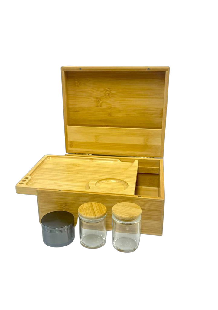 Wooden Box + Tray + Metal Grinder + 2 Glass Jars (SM-2426)