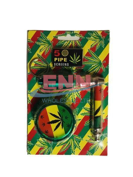 Rasta Metal Pipe + Key Ring + Grinder + Screen (SM-1968)